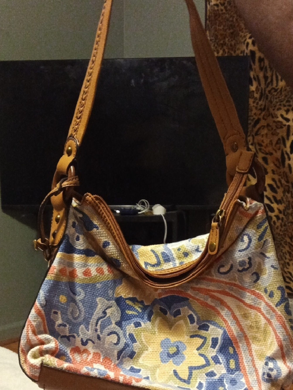 Canvas Floral Shoulder Bag with Tan Leather Trim